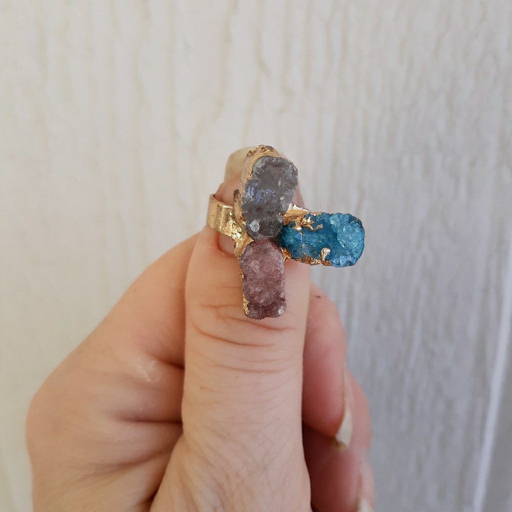 New Handmade Titanium Druzy Agate Gold Plated Adjustable Ring.